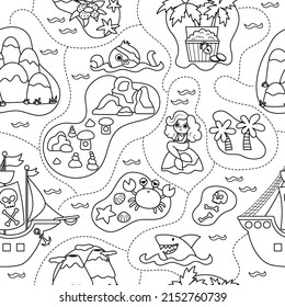 Vector black and white treasure island seamless pattern with pirate ship, octopus. Cute line repeat background with tropical sea isle, sand, palm tree, volcano. Treasure island coloring page
