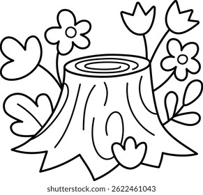 Vetor preto e branco ícone de coto de árvore decorado com flores selvagens. Clipart de linha de objeto mágico. Planta de fantasia em Woodland. ilustração de conto de fadas da floresta, página de coloração isolada no fundo branco
