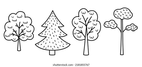 Vector black and white trees set. Woodland coloring page for kids. Cute nature outline collection with plants. Garden or forest icons pack

