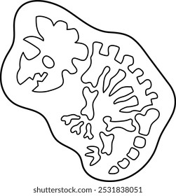 Ícone de bones de tricerátops preto e branco de vetor. Linguagem de linhagem de fósseis de dinossauros bonitos. Engraçado escavado dino clipart isolado no fundo branco. Desenho animado pré-histórico animal colorir página
