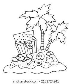 Vector black and white tropical island icon. Cute sea isle with sand, water, palm trees. Outline illustration. Treasure island picture with chest, coins, skull. Pirate party coloring page
