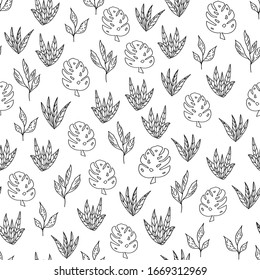 Vector black and white tropical leaves seamless pattern background