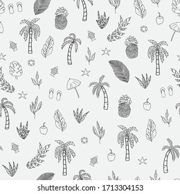 Vector black and white tropical scene seamless pattern background