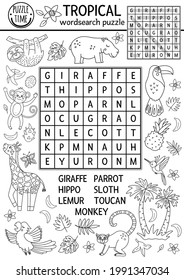 Vector black and white tropical wordsearch puzzle for kids. Simple summer crossword with exotic animals and birds for children. Keyword activity with cute funny giraffe, hippo, parrot, monkey


