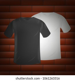vector black and white t-shirt template on brick wall background with backlight. mockup