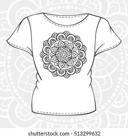 Vector black and white t-shirt template with ethnic mandala design.