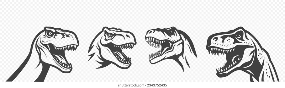 Vektor Black and White Tyrannosaurus Rex Head Icon Set, Cutout Silhouette Illustration