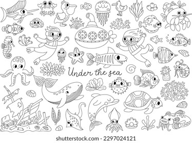 Vector black and white under the sea set. Ocean line collection with seaweeds, fish, divers, submarine. Cartoon water animals and weeds. Wreaked ship, dolphin, whale, tortoise coloring page
