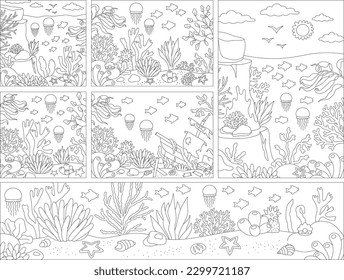 Vector black and white under the sea landscapes set. Ocean life line scenes collection with seaweeds, stones, corals. Cute horizontal, square, vertical water nature backgrounds, coloring page
