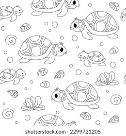 Vector blanco y negro bajo el patrón marino sin fisuras. Repita el fondo de la línea con la tortuga y su bebé. Papel digital de vida oceánica. Graciosa ilustración de animales acuáticos o página de coloración con tortuga
