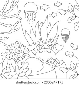 Vector black and white under the sea landscape illustration with red crab on rock. Ocean life line scene with reef, seaweeds, stones, corals, fish. Cute square water nature background, coloring page

