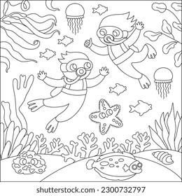 Vector black and white under the sea landscape illustration with kid divers. Ocean life line scene with sand, seaweeds, corals, reefs. Cute square water nature background, coloring page
