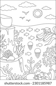 Vector blanco y negro bajo la ilustración del paisaje marino. La vida en el océano, con arrecifes, algas, piedras, corales, peces y rocas. Fondo de la naturaleza vertical del agua o página de color
