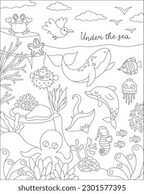 Vector black and white under the sea landscape illustration with rock slope. Ocean life line scene with animals, dolphin, whale, shark, sun. Cute vertical water nature coloring page, background