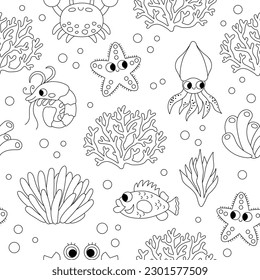 Vector black and white under the sea seamless pattern. Repeat line background with crab, starfish, squid, corals. Ocean life digital paper. Water animals illustration or coloring page with cute fish
