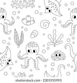 Vector black and white under the sea seamless pattern. Repeat line background with stingray, octopus, shells. Ocean life digital paper. Water animals and weeds illustration, coloring page with fish
