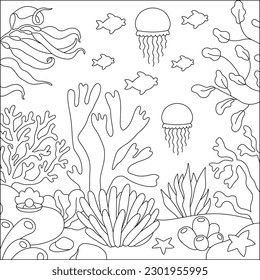 Vector black and white under the sea landscape illustration. Ocean life line scene with sand, seaweeds, stones, corals, reefs. Cute square water nature background, coloring page
