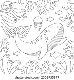 Vector black and white under the sea landscape illustration with blue whale and corals. Ocean life line scene with sand, seaweeds, reefs. Cute square water nature background, coloring page
