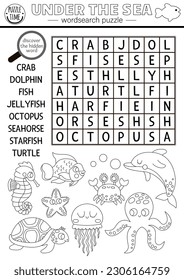 Vector black and white under the sea word search puzzle for kids. Simple easy line ocean life word search quiz. Water animals and fish educational activity, coloring page with octopus, crab
