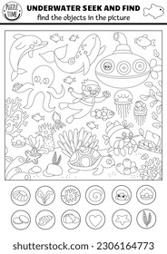 Vector black and white under the sea searching game with sea landscape, submarine, diver. Spot hidden objects. Simple ocean life seek and find printable coloring page for kids. Water animals hunt
