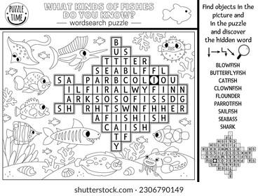 Vector black and white under the sea word search puzzle for kids. Simple ocean life line word search quiz for children. Water animals and fish coloring page. What kinds of fishes do you know
