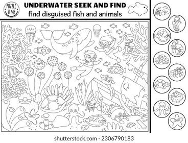 Vector black and white under the sea searching game with sea landscape, divers. Spot hidden fish. Simple ocean life seek and find activity, coloring page for kids. Disguised water animals hunt
