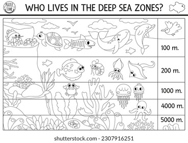 Vector black and white under the sea landscape illustration. Ocean life line scene poster with animals. Educational water nature background or coloring age. Who lives in the deep sea zone
