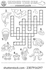 Vector black and white under the sea crossword puzzle for kids. Simple line ocean life quiz with for children. Educational marine activity, coloring page with fish, water animals, whale, dolphin
