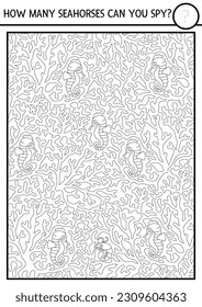 Vector black and white under the sea searching game with seahorse hiding in corals. Spot hidden water animal. Simple ocean life seek and find printable activity, coloring page. Visual attention quiz
