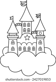 Vector black and white unicorn castle on cloud. Fantasy world palace line icon with towers, flags, roofs. Fairy tale princess house outline illustration or coloring page
