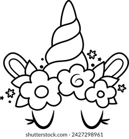 Vector black and white unicorn face. Fantasy animal with rainbow horn, closed eyes, flowers, ears. Fairytale line horse character for kids. Cartoon magic creature icon or coloring page
