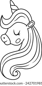 Vector black and white unicorn head with horn and mane. Fantasy animal rainbow with closed eyes. Fairytale line horse character for kids. Cartoon magic creature icon or coloring page
