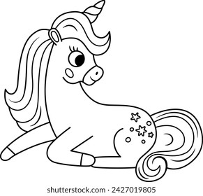 Vector black and white unicorn with horn and mane. Fantasy sitting animal. Fairytale line horse character for kids. Cartoon magic creature icon or coloring page
