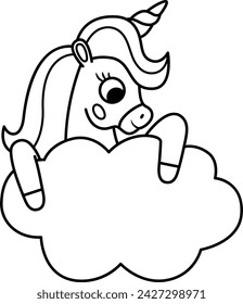 Vector black and white unicorn with horn and pmane. Fantasy animal holding blue cloud with place for text. Fairytale line horse character for kids. Cartoon magic creature icon or coloring page
