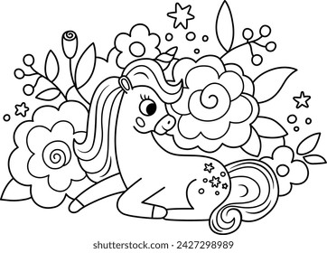 Vector black and white unicorn with horn, mane, surrounded with flowers. Fantasy sitting animal with floral background. Fairytale horse character for kids. Magic creature icon, coloring page
