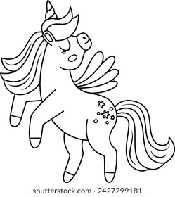 Vector black and white unicorn with horn and mane. Fantasy line animal with wings standing on back feet. Fairytale horse character for kids. Cartoon magic creature icon or coloring page
