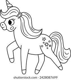 Vector black and white unicorn with horn and mane. Fantasy walking animal. Fairytale line horse character for kids. Cartoon magic creature icon or coloring page
