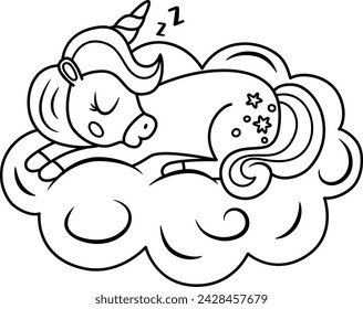 Vector black and white unicorn with horn and mane. Fantasy animal sleeping on blue cloud. Fairytale line horse character for kids. Cartoon magic creature icon or coloring page
