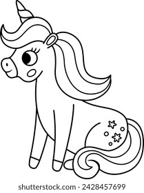 Vector black and white unicorn with horn and mane. Fantasy line sitting animal. Fairytale horse character for kids. Cartoon magic creature icon or coloring page
