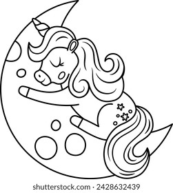 Vector black and white unicorn with horn and mane. Fantasy outline animal sleeping on half moon. Fairytale line horse character for kids. Cartoon magic creature icon or coloring page
