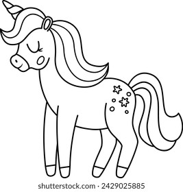 Vector black and white unicorn with horn and mane. Fantasy animal. Fairytale line horse character for kids. Cartoon magic creature icon or coloring page isolated on white background
