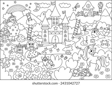 Vector black and white unicorn themed landscape illustration. Fairytale line scene with castle, rainbow. Magic nature background with fairy, animals. Fantasy world coloring page for kids
