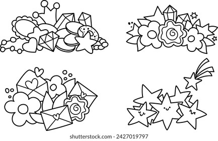Vector black and white unicorn treasures set. Cute line compositions with letters, hearts, flowers, pile of fallen stars, diamonds and crown. Magic or fairytale icons or coloring page collection

