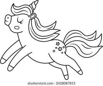 Vector black and white unicorn with yellow horn and pink mane. Fantasy line running animal with closed eyes. Fairytale horse character for kids. Cartoon magic creature icon or coloring page
