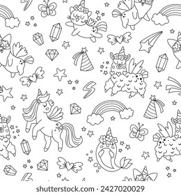 Vector negro y blanco unicornios sin patrón. Repite el fondo con personajes de cuento de hadas, animales con cuerno, arco iris, estrella que cae, cristal. Fantasía mundo papel digital con divertida llama, gato