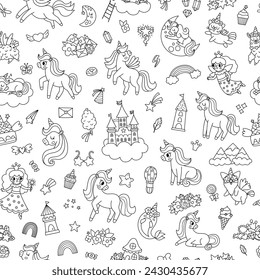 Vector black and white unicorns seamless pattern. Repeat background with fairytale characters, animals with horn, rainbow, falling star, crystal. Fantasy world digital paper with castle, princess