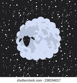 Vector black and white unusual minimal  illustration with cute sheep like moon and sky with stars