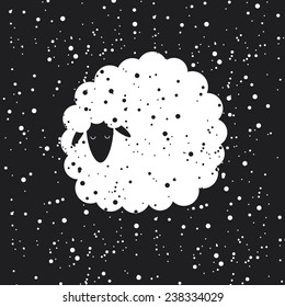 Vector black and white unusual minimal  illustration with cute sheep like cloud on sky with stars