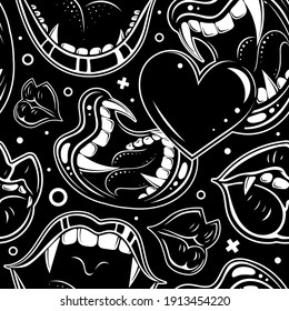 Vector Black and White Vampire Mouth Seamless Pattern