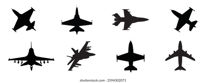 Vector black and white various military aircraft, fighter jet airplane silhouetteson isolated background transparent png